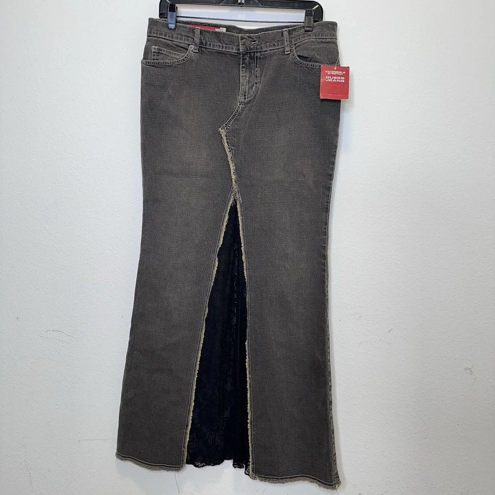 Deadstock Guess Skirt Womens 31 Stretch Denim Maxi Lace Sheer Front Slit Y2K 90s